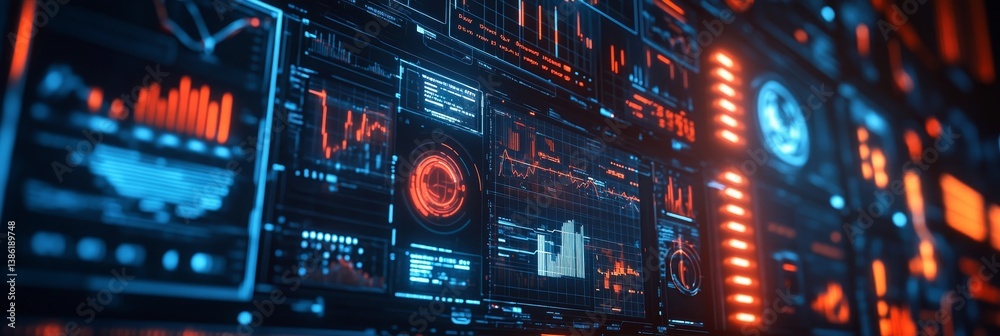 Poster futuristic data streams visualization - neon-lit screens display dynamic data, symbolizing technolog