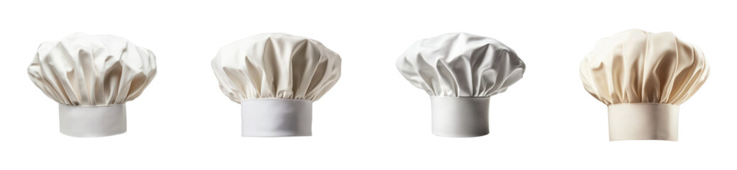 Four classic chef hats in a row showcasing various styles and colors. Set png cut out