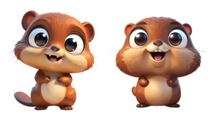 set of cartoon 3d beaver with big eyes for illustrations on transparent background