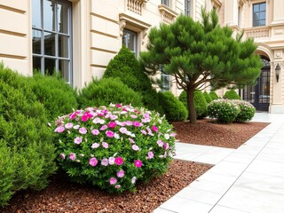 Classic Facade with Flowerbed and Juniper