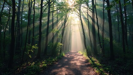 Fototapeta premium Sunlit Path Through Misty Forest, Nature's Enchanting Embrace
