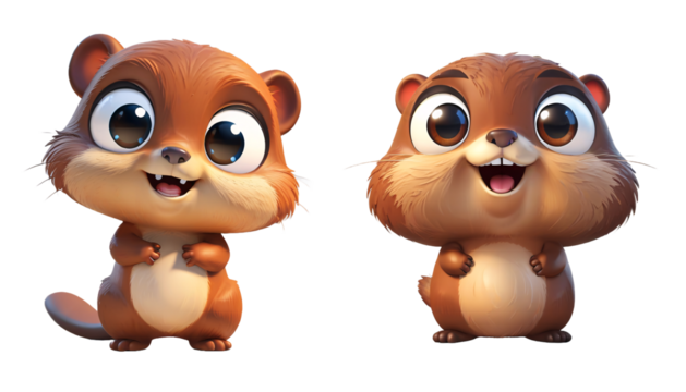 set of cartoon 3d beaver with big eyes for illustrations on transparent background