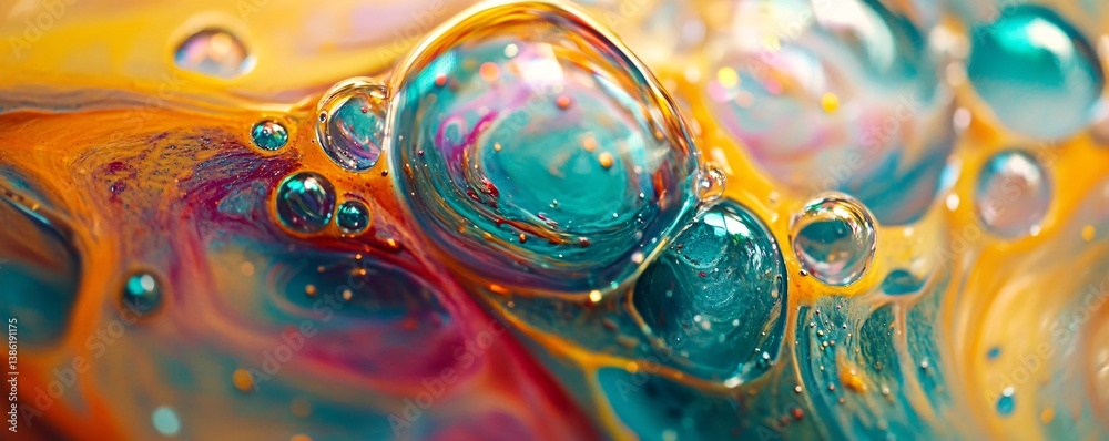Poster Colorful bubbles floating on psychedelic swirls creating abstract pattern