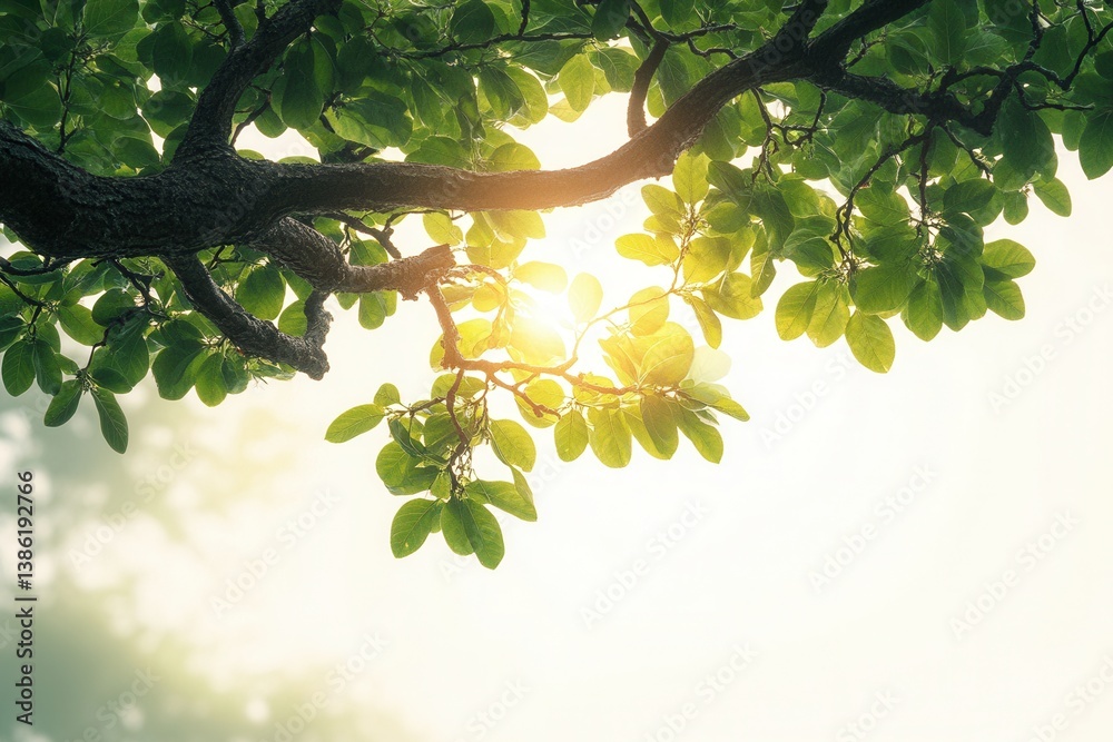 Poster Warm sunlight filters through bare branches of a snowy tree in a tranquil winter forest during the late afternoon, creating a peaceful and serene atmosphere