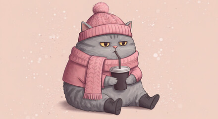 Adorable cat wearing a pink beanie and holding a takeaway coffee cup, cozy and stylish animal character illustration with warm urban vibes