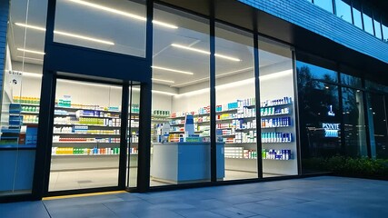Bright and clean pharmacy entrance with white brick walls, set within a contemporary glass building, large automatic doors open invitingly under soft exterior lighting