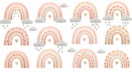 Different Pink Rainbows with Fluffy Clouds on a White Background, Soft Pastel Tones and Dreamy Atmosphere, Ideal for Fantasy and Decorative Art