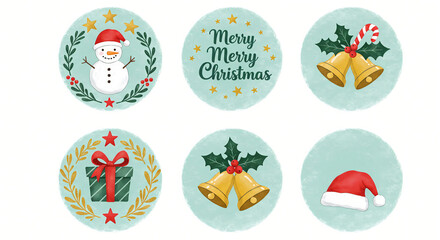 Colorful Festive Illustration for the New Year Featuring Santa Claus, Decorated Christmas Tree, Reindeer, Snowman, Wrapped Gifts, Snowy Background