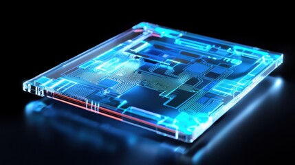 Fototapeta premium Transparent holographic screen with blue digital circuit diagram floating in black space, futuristic interface