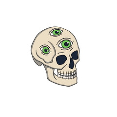 Colorful psychedelic skull with three green eyes, vibrant trippy design, surreal and abstract artwork.