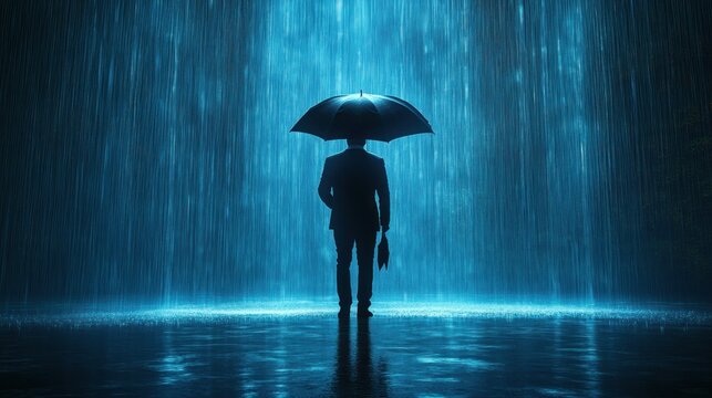 Businessman under umbrella in rain, night scene