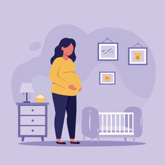 Pregnant woman in cozy nursery with crib and framed art in flat vector illustration