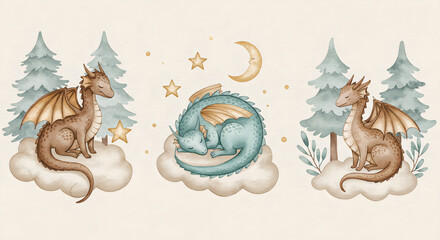 Cute Watercolor Baby Dragons Sleeping or Getting Ready for Bed on Clouds – Set of Three Adorable Fantasy Creatures in Pastel Sky