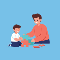 Obraz premium Father and son enjoying quality time while assembling colorful puzzle pieces in flat vector art