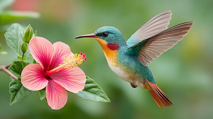 Fototapeta premium Stunning Colorful Hummingbird Hovering Near Pink Flower in Nature