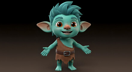 Adorable 3D cartoon goblin character with big eyes and spiky teal hair, wearing a tattered brown outfit and smiling cheerfully with open arms – fantasy creature design on dark background