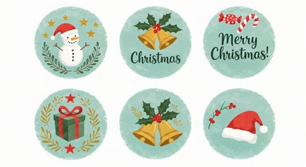 Colorful Festive Illustration for the New Year Featuring Santa Claus, Decorated Christmas Tree, Reindeer, Snowman, Wrapped Gifts, Snowy Background