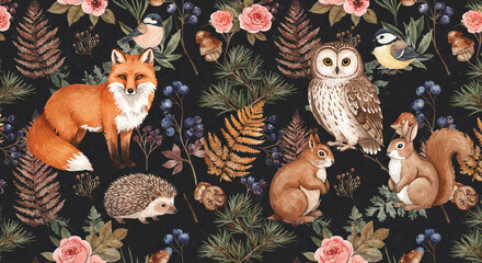 Seamless Watercolor Pattern with Forest Animals and Botanical Elements – Fox, Owl, Hedgehog, Squirrel, Birds, Ferns, Berries, and Mushrooms on Dark Background