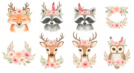 Watercolor animal collection featuring a fox, deer, raccoon, and owl in a soft hand-painted style, with forest wildlife theme and gentle natural colors