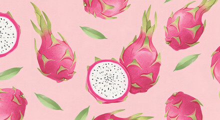 Colorful illustration of a whole and sliced dragon fruit on a pink background, featuring vibrant tropical colors and a fresh exotic feel