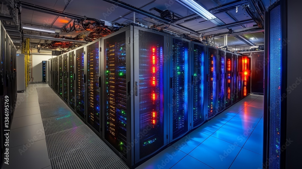 Poster modern data center server room - rows of illuminated servers in a modern data center, showcasing adv