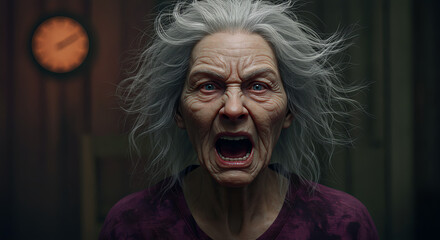 Terrifying scene of an old woman screaming, captured in a horror movie style, with dramatic lighting and intense expression, evoking fear and suspense