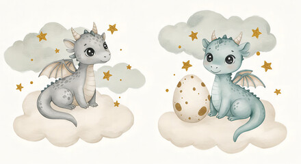 Illustration of cute little dragons in playful poses, featuring colorful fantasy creatures with adorable expressions, perfect for children's themes and whimsical designs