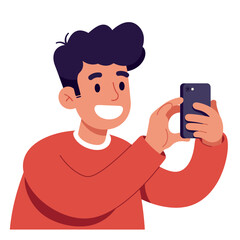 Young man smiling while taking a selfie with a smartphone in a flat vector illustration