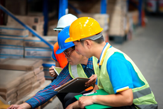 Thinking, warehouse workers on tablet and clipboard for inspection, inventory online stock Manufacturing, distribution person on digital for logistics, maintenance and supply chain list in factory