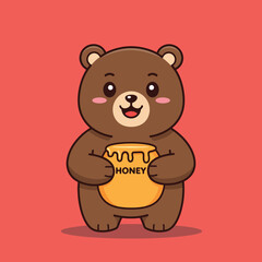 Fototapeta premium Cute brown bear holding a honey jar in a cheerful flat vector illustration