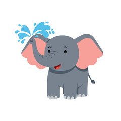 Fototapeta premium Happy elephant splashing water playfully in a colorful flat vector illustration