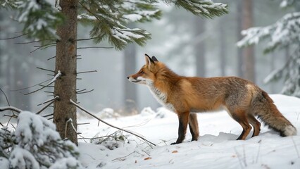 Obraz premium A red fox in a snowy pine forest, alert and camouflaged with a white winter background