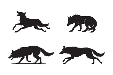 Black Wolf Silhouette Vector Set Running, Stalking, Hunting, Howling Poses