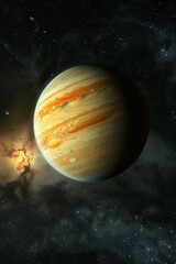 Dramatic view of a gas giant illuminated by distant stars and nebulae against the cosmic backdrop