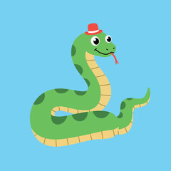 Fototapeta premium Playful green snake wearing a red hat in flat cartoon style vector illustration
