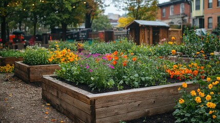 Obraz premium Vibrant community garden with raised wooden beds overflowing with colorful flowers in autumn.