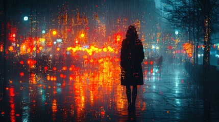 Woman walking alone in rainy city at night.