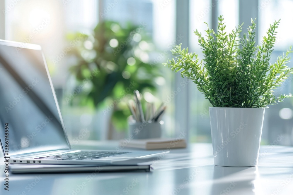 Leinwandbilder laptop displaying code in a modern office environment during daylight hours with plants in the backg