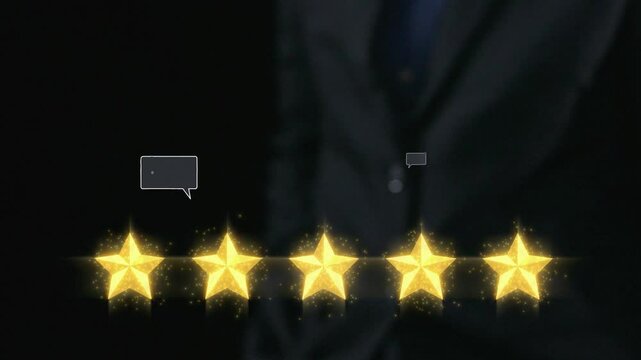 A digital representation featuring five golden stars and speech bubbles, symbolizing customer feedback and ratings. Ideal for marketing and service evaluation projects. Qubit