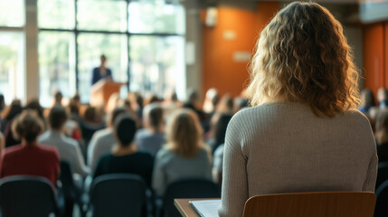 Woman listening at community town hall meeting, public speaker addressing audience