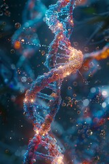 Editing DNA with CRISPR-Cas9 technology through a stylized visualization of a double helix strand in a futuristic environment