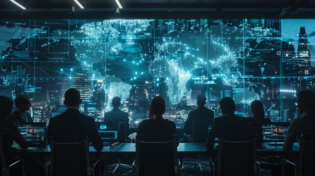 Diverse business professionals engage with a holographic global map in a futuristic boardroom setting - Powered by Adobe