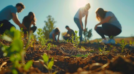 Diverse company employees volunteer outdoors to plant trees and clean up a park on a sunny day