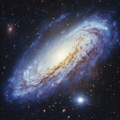 Fototapeta premium A stunning, ultra-realistic view of deep space featuring detailed nebulae in rich blues and purples, glowing stars and a distant spiral galaxy.