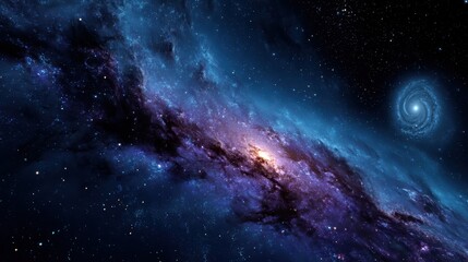 A stunning, ultra-realistic view of deep space featuring detailed nebulae in rich blues and purples, glowing stars and a distant spiral galaxy.