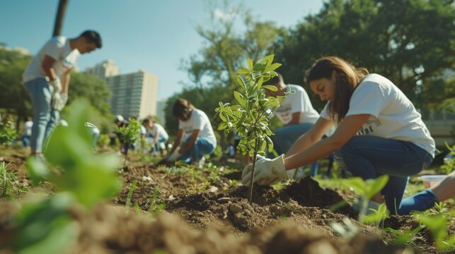 Diverse company employees volunteer outdoors, planting trees and cleaning up a local park on a sunny day