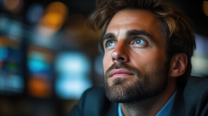 Fototapeta premium Thoughtful Businessman in Professional Setting Looking Upward with Intense Focus and Determina