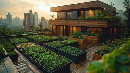 Obraz premium Modern rooftop garden with urban cityscape background at sunset.