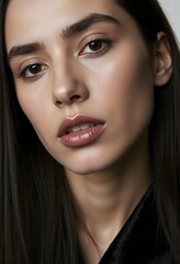 Obraz premium Beauty Model with Post-Lip Enhancement Look and Surgical Nose Bandage, Wearing a Black Robe and Gazing into Camera in a Minimalist Aesthetic Clinic Studio Setting