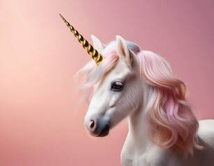 Majestic unicorn with golden horn and pink mane on a dreamy background